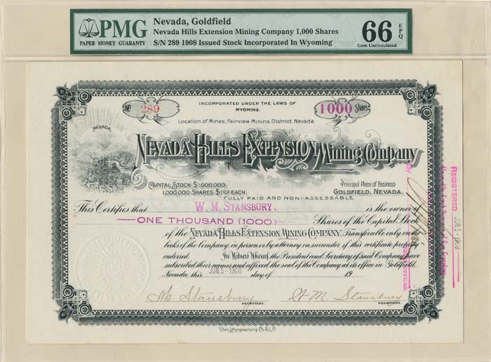 Nevada Hills Extension Mining Co. - Stock Certificate